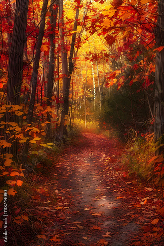 Serene Autumn Forest Pathway Bathed in Warm Sunlight and Vibrant Foliage Colors