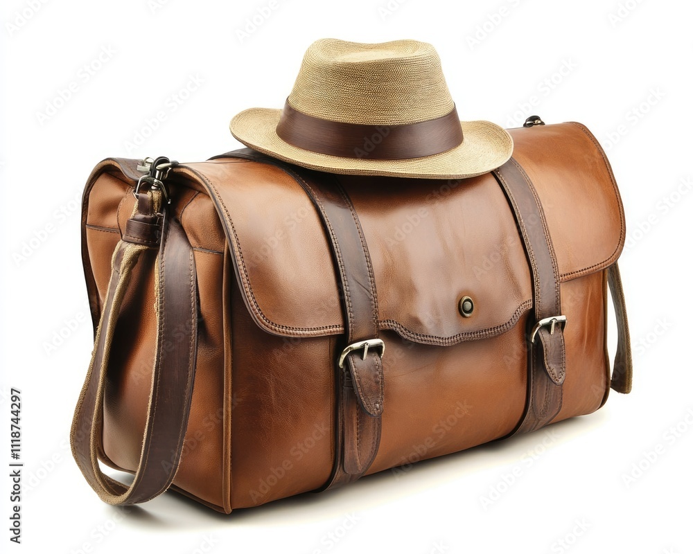 Classic Brown Leather Travel Bag with Hat: A Vacation Essential for Tourists Classic Brown Leather Travel Bag with Hat: A Vacation Essential for Tourists