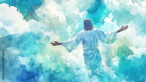 Wallpaper Mural Watercolor illustration of Jesus Christ standing with arms open in a heavenly sky filled with soft clouds and radiant blue tones symbolizing peace and divinity Torontodigital.ca