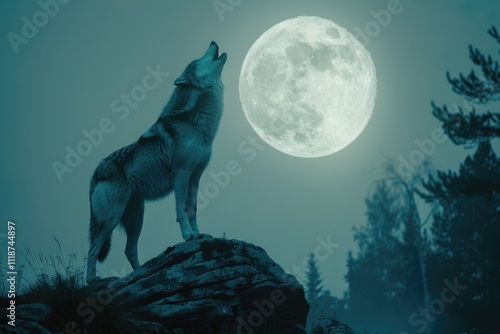 Wolf howling at the moon in the midnigt  Wolf howling photo