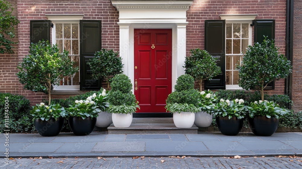 Fototapeta premium The red front door stands out against the old brick wall, framed by white columns with windows on both sides, showcasing classic architecture