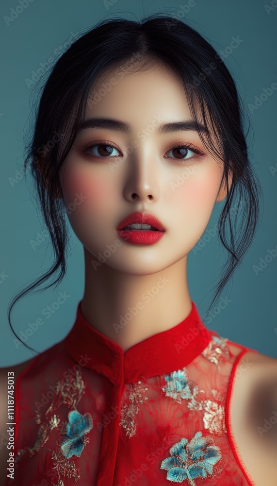 Beautiful Young Asian Woman with Red Lipstick and Traditional Red Dress Fashion Beauty Portrait Makeup Cosmetics Hairstyle Skincare Wellness Spa Model Girl Red Cheongsam Chinese New Year Festive Beautiful Young Asian Woman with Red Lipstick and Traditional Red Dress Fashion Beauty Portrait Makeup Cosmetics Hairstyle Skincare Wellness Spa Model Girl Red Cheongsam Chinese New Year Festive