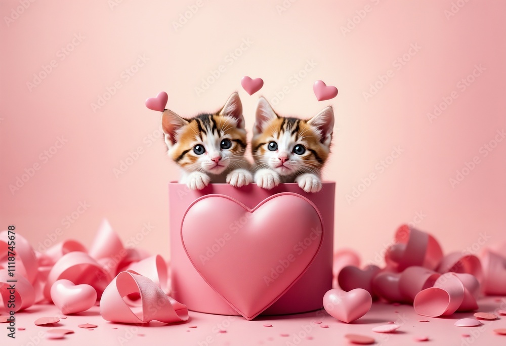 Two adorable kittens peeking out of a pink heart box surrounded by heart-shaped decorations Two adorable kittens peeking out of a pink heart box surrounded by heart-shaped decorations