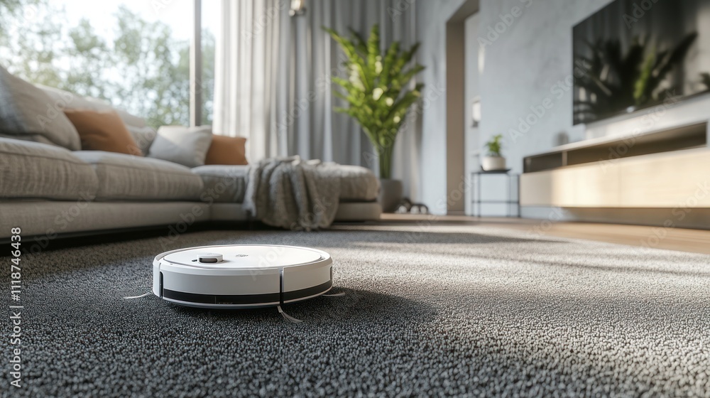 Robot Vacuum Cleaner on Carpet in Modern Living Room Robot Vacuum Cleaner on Carpet in Modern Living Room