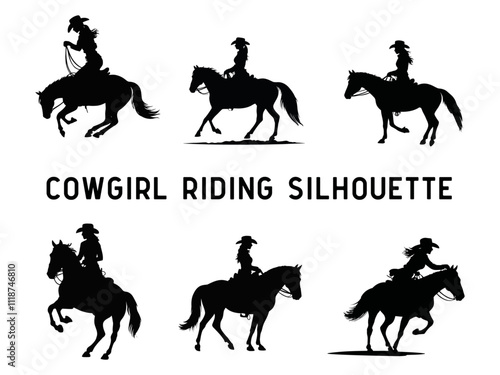 Beautiful woman Cowgirl riding a horse set with Lasso Silhouette Vector illustration 