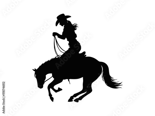 Beautiful woman Cowgirl riding a horse with Lasso Silhouette Vector illustration 
