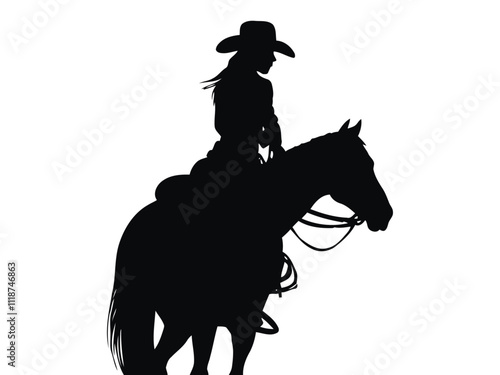 Beautiful woman Cowgirl riding a horse with Lasso Silhouette Vector illustration 