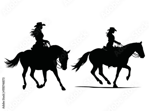 Beautiful woman Cowgirl riding a horse set with Lasso Silhouette Vector illustration 