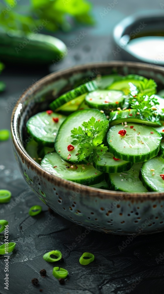 Slices of fresh cucumber with herbs and spices are in a ceramic bowl. Concept of healthy, refreshing salad. For food blog or culinary magazine cover. Slices of fresh cucumber with herbs and spices are in a ceramic bowl. Concept of healthy, refreshing salad. For food blog or culinary magazine cover.