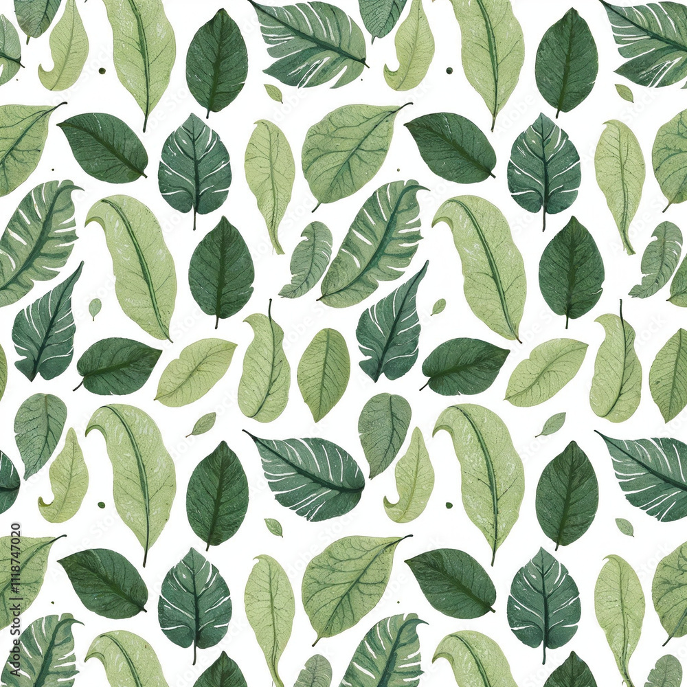 Watercolor illustration of green leaves seamless pattern on white background Watercolor illustration of green leaves seamless pattern on white background