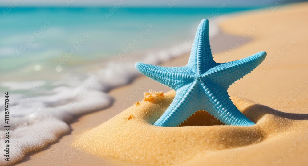 Blue starfish on the sandy beach next to the foaming sea wave the blurred marine background. Closeup, focus on the seastar. Summer, travel or tourism, vacation concept. Blue starfish on the sandy beach next to the foaming sea wave the blurred marine background. Closeup, focus on the seastar. Summer, travel or tourism, vacation concept.