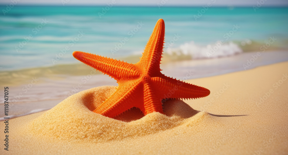 Orange starfish on the sandy beach next to the sea on the blurred marine background. Close up, focus on the seastar. Summer, travel or tourism, vacation concept. Orange starfish on the sandy beach next to the sea on the blurred marine background. Close up, focus on the seastar. Summer, travel or tourism, vacation concept.