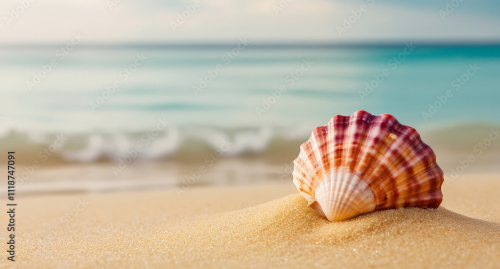 Bright red seashell scallop on the golden sandy beach next to the foamy sea wave on the blurred marine background. Close up, empty free space for text. Summer, travel or tourism, vacation concept. Bright red seashell scallop on the golden sandy beach next to the foamy sea wave on the blurred marine background. Close up, empty free space for text. Summer, travel or tourism, vacation concept.