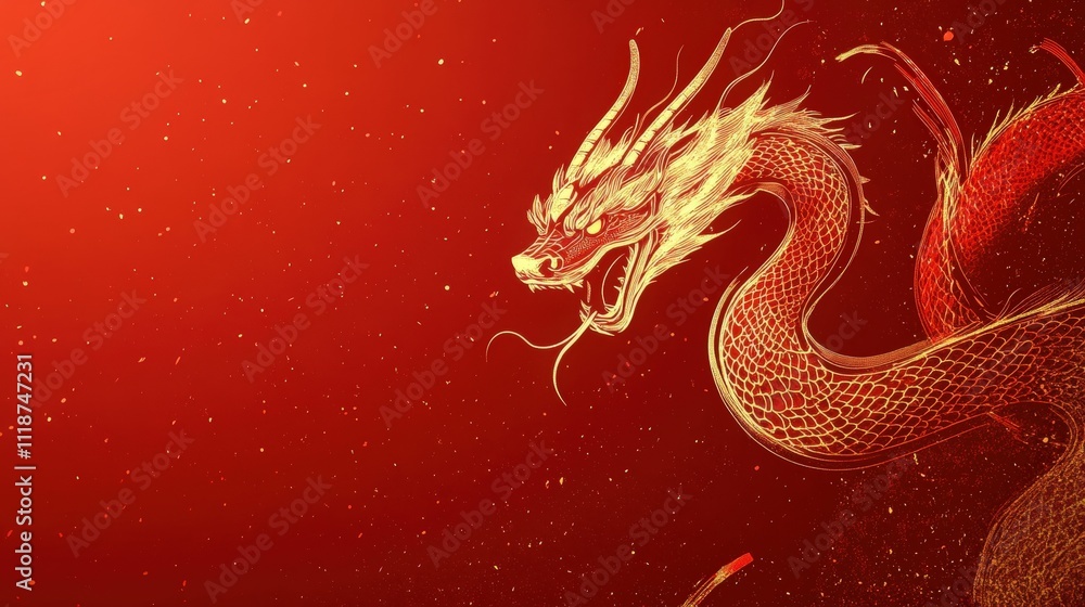 Golden Chinese Dragon Symbol of Power Prosperity and Good Fortune on Red Background Ideal for Lunar New Year Celebrations and Asian Cultural Designs Golden Chinese Dragon Symbol of Power Prosperity and Good Fortune on Red Background Ideal for Lunar New Year Celebrations and Asian Cultural Designs