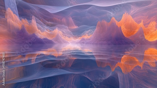 A serene abstract landscape with flowing colors and reflections in a tranquil water surface.