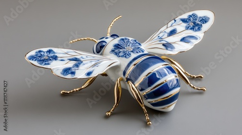 A detailed, high-resolution depiction of a porcelain bee featuring elegant blue and white floral designs, with gold metal wings, floating gracefully in soft light photo