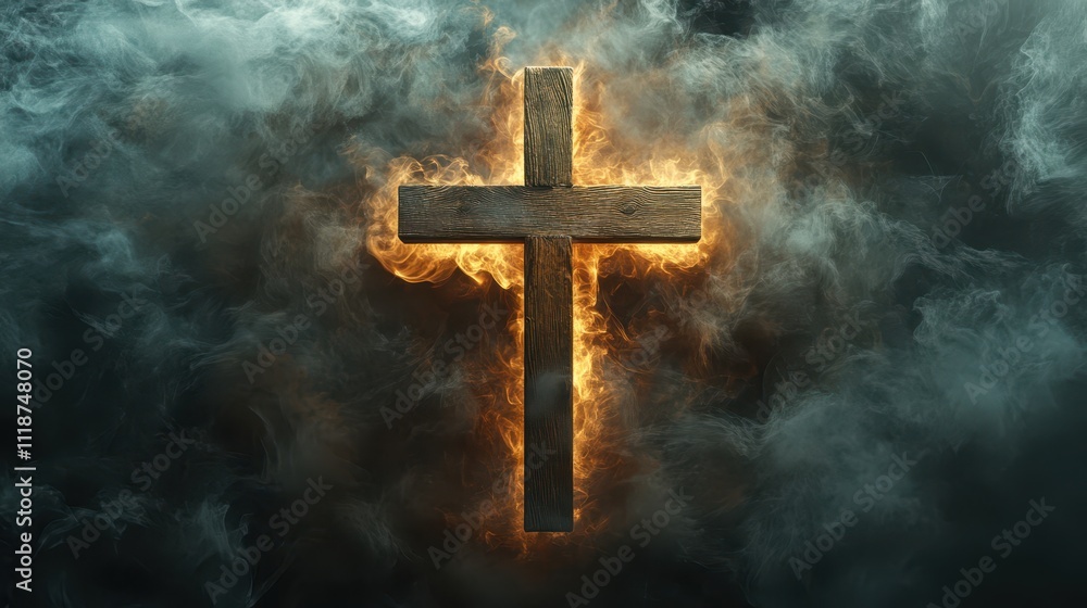Dramatic depiction of a wooden cross surrounded by glowing smoke and illuminated by radiant light symbolizing sacrifice, faith, and divine presence Dramatic depiction of a wooden cross surrounded by glowing smoke and illuminated by radiant light symbolizing sacrifice, faith, and divine presence