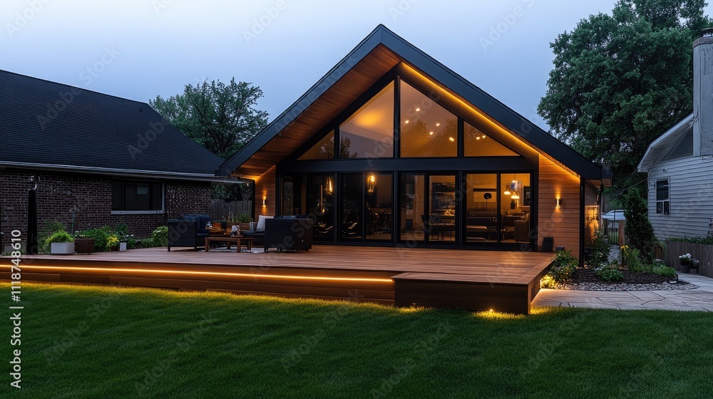 Stylish A-frame cabin features large glass windows and a black metal roof, surrounded by lush greenery and a welcoming wooden deck that enhances outdoor living Stylish A-frame cabin features large glass windows and a black metal roof, surrounded by lush greenery and a welcoming wooden deck that enhances outdoor living