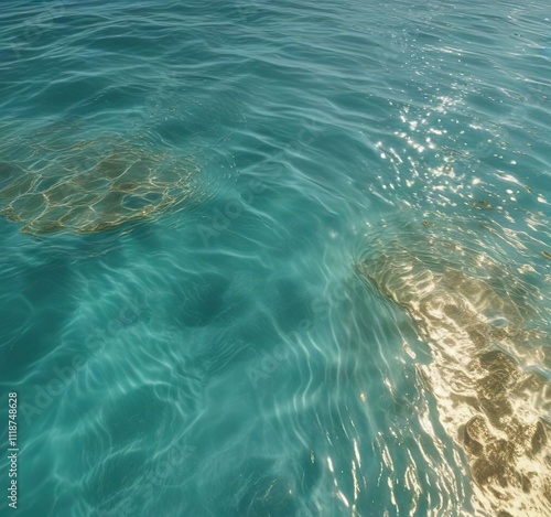 Gentle ripples of gold light on turquoise water surface with subtle blue undertones, golden light, wavy reflections