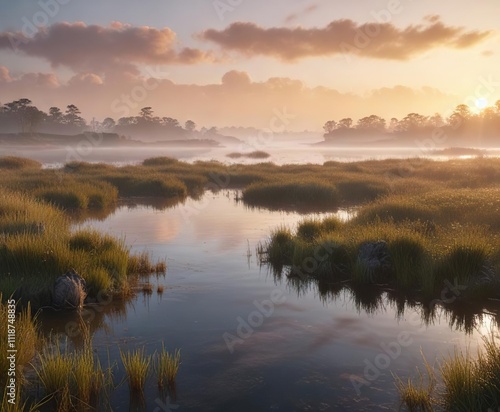 Misty saltmarsh landscape at sunrise by Tolomato River, dawn, trees