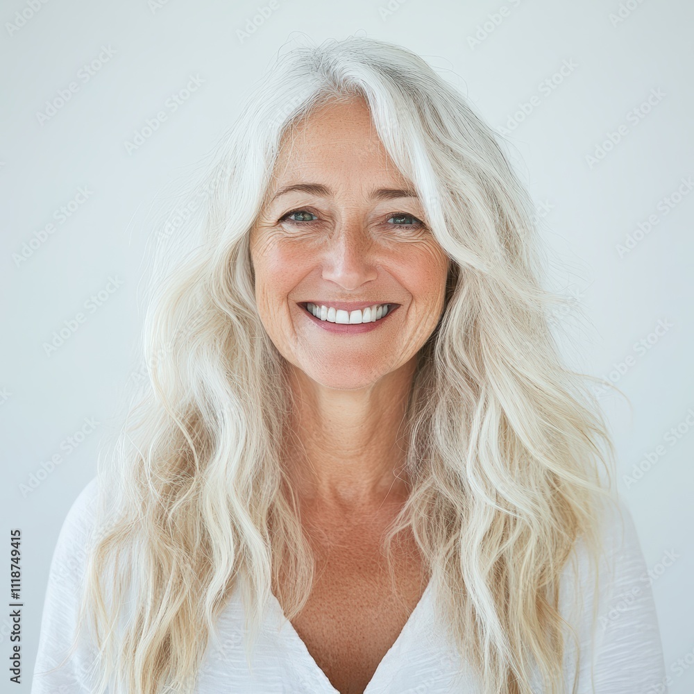 Portrait of a beautiful happy senior woman with long gray hair smiling at the camera aging gracefully with health and wellness in a studio headshot on a neutral background representing vitality and