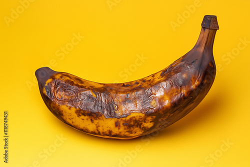 Rotten banana Isolated on yellow Background Showing Decay, Wrinkles, and Moldy Texture with Copy Space – Aged and Spoiled Fruit Depicting Organic Deterioration, Overripe Condition, and Food Waste photo