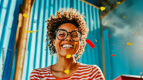 A young Black woman in striped attire smiles brightly amidst a vibrant confetti explosion, conveying a celebration or a cheerful surprise. The setting suggests a lively, festive moment, enhancing the photo