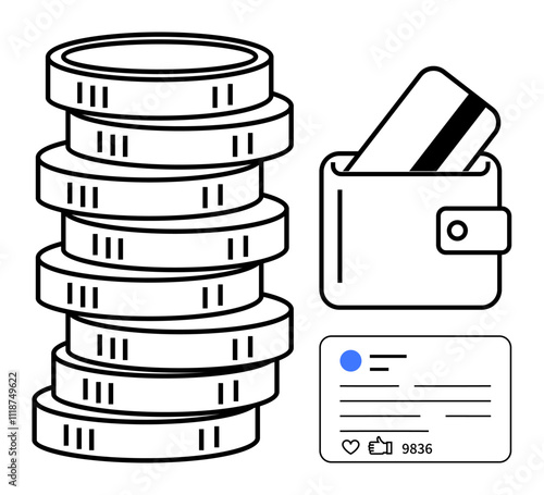 Stacked coins beside a wallet holding a card with a social media post indicating popularity and engagement. Ideal for financial management, saving, banking, social media, digital transactions, online