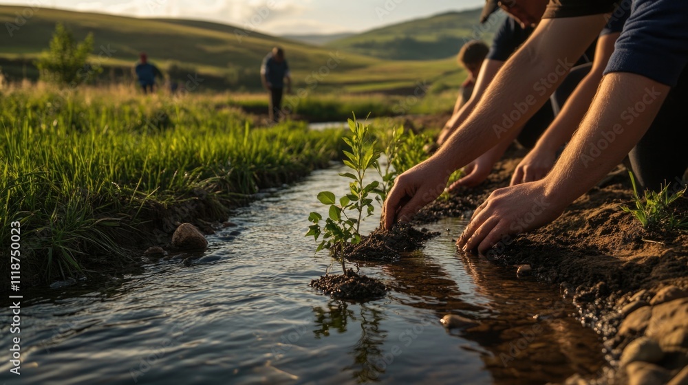 Small church community planting saplings along a quiet stream’s edge, their hands carefully pressing soil around each young tree. Small church community planting saplings along a quiet stream’s edge, their hands carefully pressing soil around each young tree.