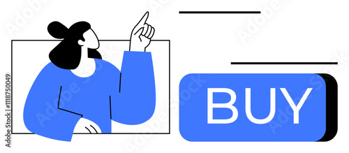 Woman with raised hand gesturing towards prominent blue BUY button representing e-commerce, online purchasing, and digital marketing. Ideal for online store interfaces, digital advertising, user