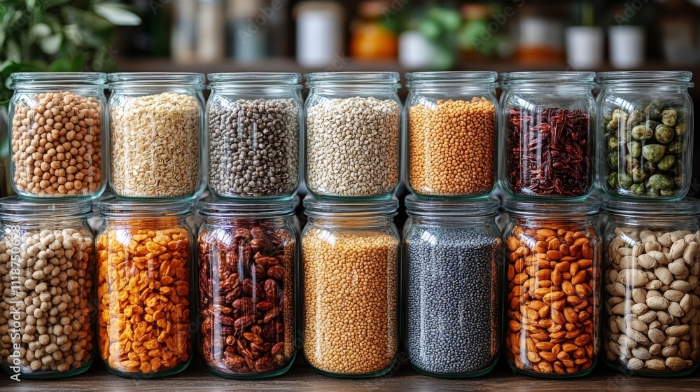 A variety of grains, legumes, and seeds are neatly arranged in glass jars on shelves in a market. The colorful assortment highlights the importance of healthy food choices. A variety of grains, legumes, and seeds are neatly arranged in glass jars on shelves in a market. The colorful assortment highlights the importance of healthy food choices.