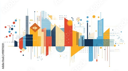 Abstract city skyline with geometric shapes and vibrant colors.