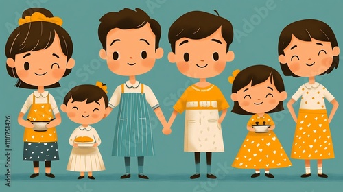 Simple flat icons of family members different poses like hugging cooking playing using bright colors and clean shapes to make an easytouse set of familythemed clipart leaving open space photo