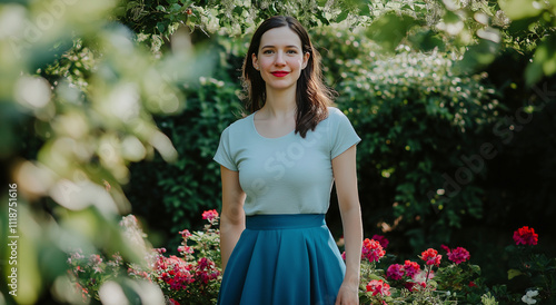 Uma mulher atraente usando uma saia azul está em um jardim de flores. estilo de vida de alto padrão photo