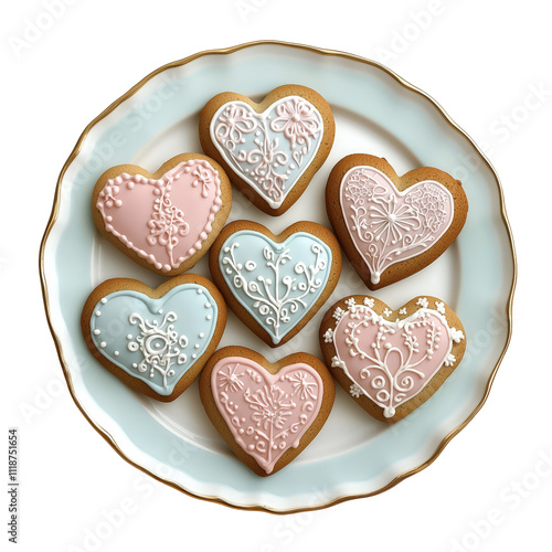 Beautifully Decorated Heart-Shaped Cookies Arranged on a Decorative Plate Showcasing Intricate Icing Designs in Pastel Colors