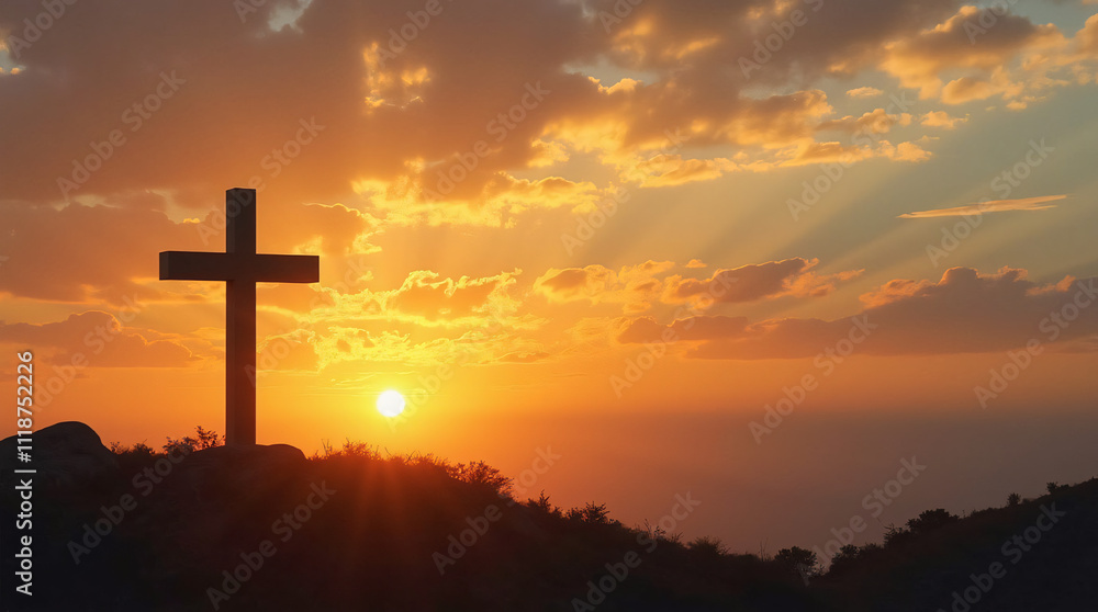 cross at sunset, copy space, generative ai cross at sunset, copy space, generative ai