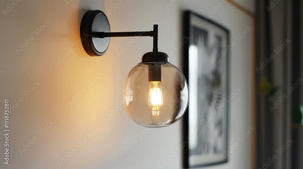 Modern wall lamp with glass globe illuminates a room.