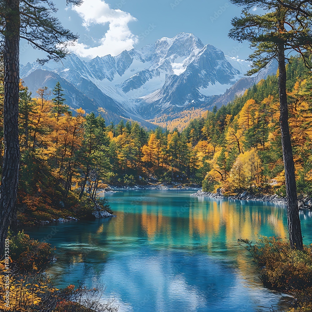 Obraz premium Stunning alpine lake reflecting vibrant autumn forest in mountain landscape scene picture