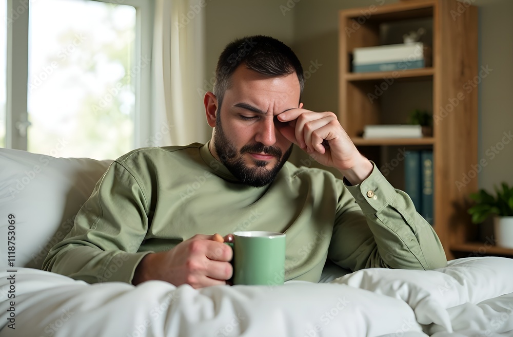 Sick man holding green mug. Sick man holding green mug.
