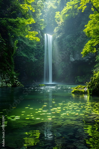 Vivid Forest Waterfall: Nature’s Serene Splendor Amidst Lush Greenery