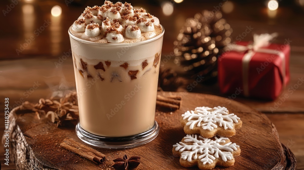 Christmas Tea Latte with Snowflake Cookie: A tea latte served with a delicate snowflake-shaped cookie, Christmas Tea Latte with Snowflake Cookie: A tea latte served with a delicate snowflake-shaped cookie,