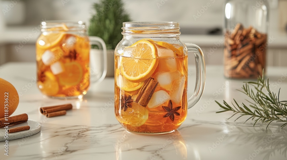 Cinnamon Spiced Sangria in Clear Jug: Sangria with holiday spices and citrus slices, served in a glass jug, Cinnamon Spiced Sangria in Clear Jug: Sangria with holiday spices and citrus slices, served in a glass jug,