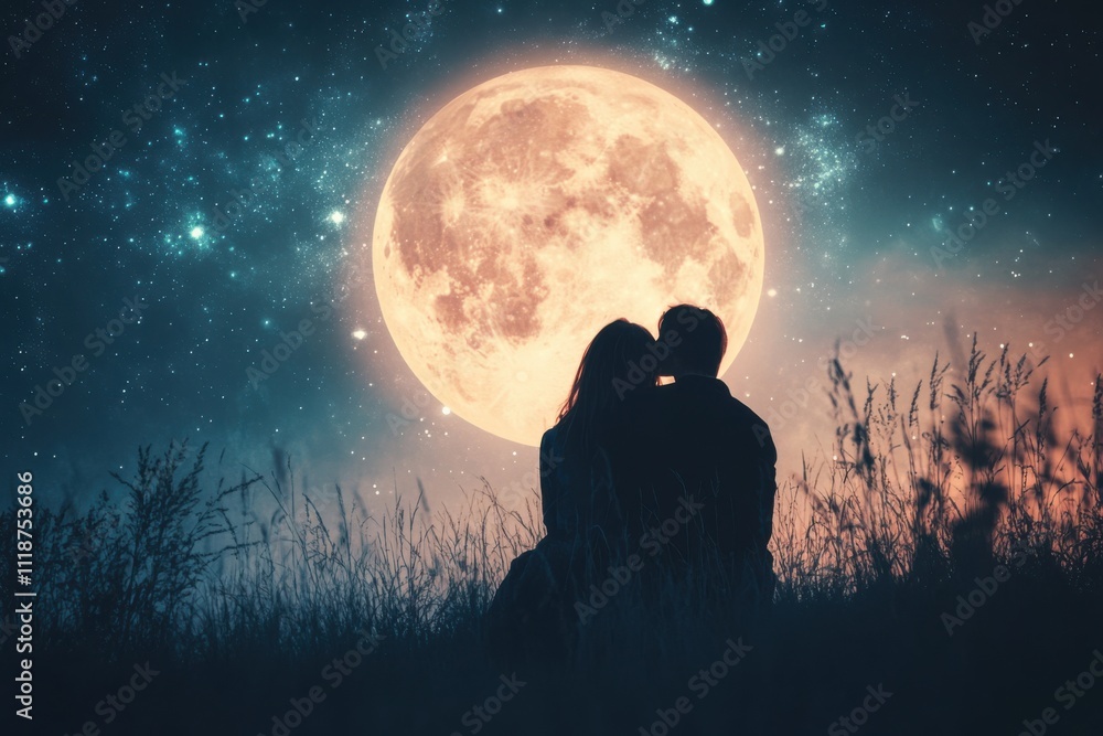 Couple enjoying a romantic evening under a bright full moon in a starry sky Couple enjoying a romantic evening under a bright full moon in a starry sky