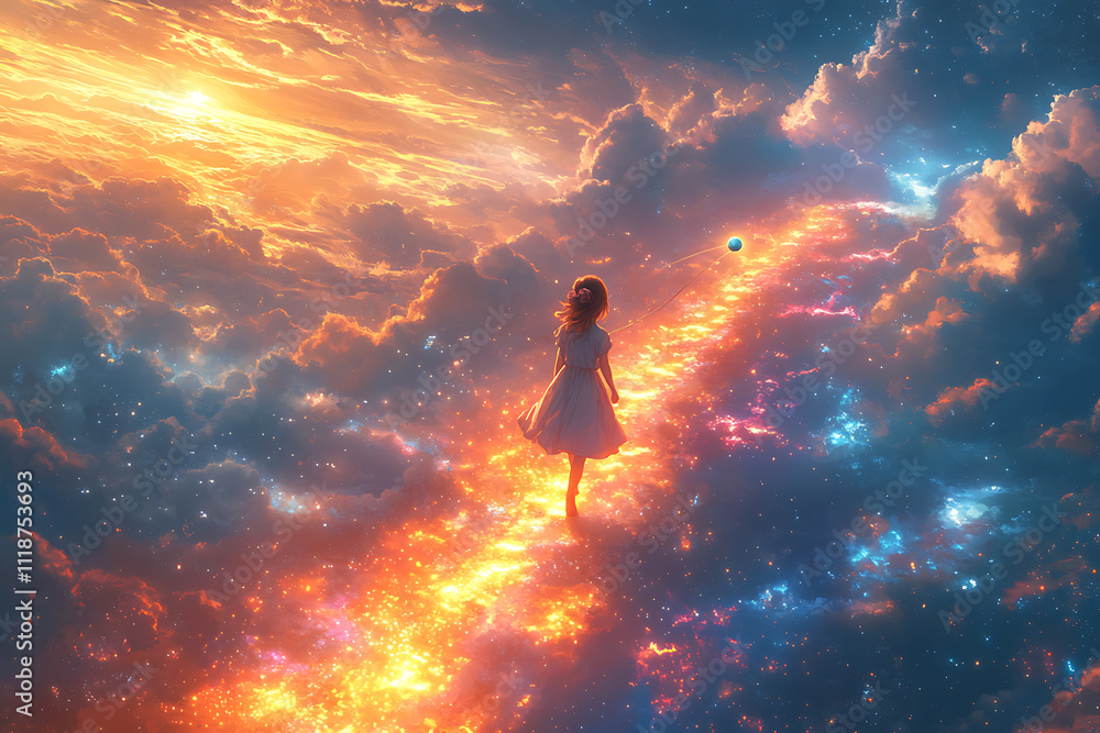 Obraz premium A dreamy scene of a little girl walking on a glowing rainbow bridge, holding a floating colorful ball, surrounded by clouds and magical sunlight.