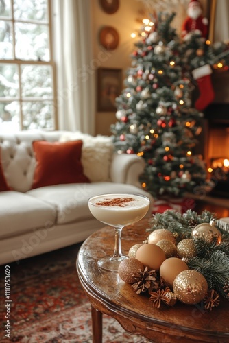Classic Eggnog in Rustic Christmas Setting: Eggnog served in a glass, surrounded by traditional Christmas decor,
