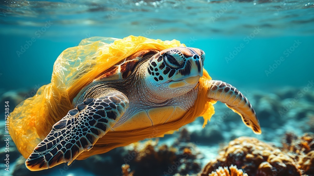 Obraz premium A sea turtle swims gracefully beneath the waves, encased in bright orange plastic, highlighting the beauty of marine life amidst environmental concerns