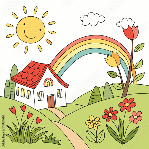 a picture of a house with a rainbow and the sun