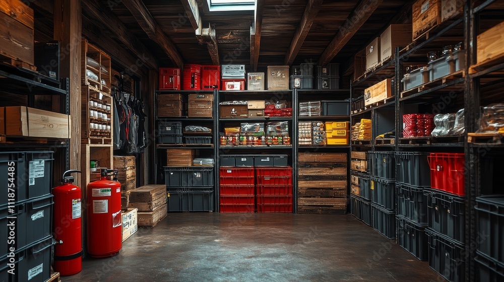 Well-organized storage area featuring wooden shelves and various containers. Fire extinguishers are visible, ensuring safety in this neatly arranged space. Well-organized storage area featuring wooden shelves and various containers. Fire extinguishers are visible, ensuring safety in this neatly arranged space.