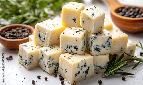 diced Blue cheese isolated on white background with clipping path and full depth of field.
