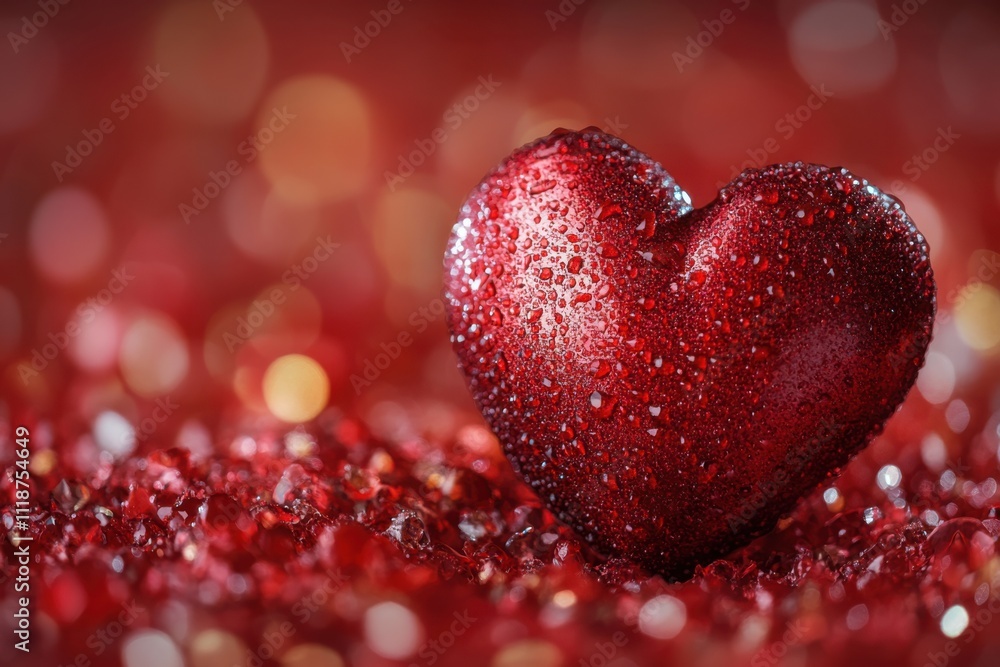 Sparkling red heart surrounded by shimmering gems on a vibrant red background Sparkling red heart surrounded by shimmering gems on a vibrant red background
